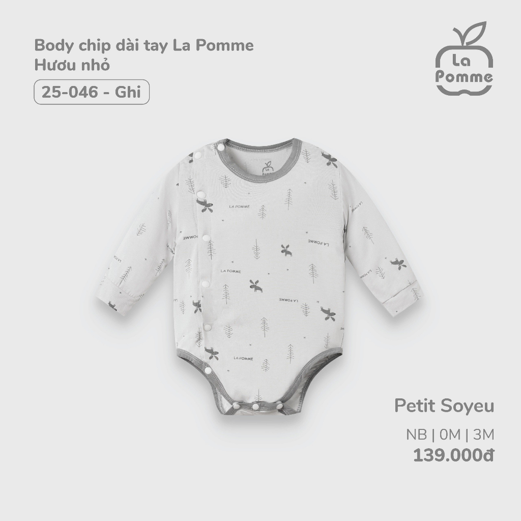 Lapomme - Body chip dài tay La Pomme Hươu nhỏ - NB 0M 3M Nâu Ghi