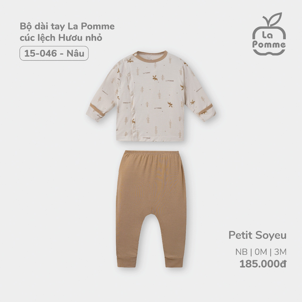 Lapomme - Bộ dài tay La Pomme cúc lệch Hươu nhỏ - Newborn 0M 3M Nâu Ghi