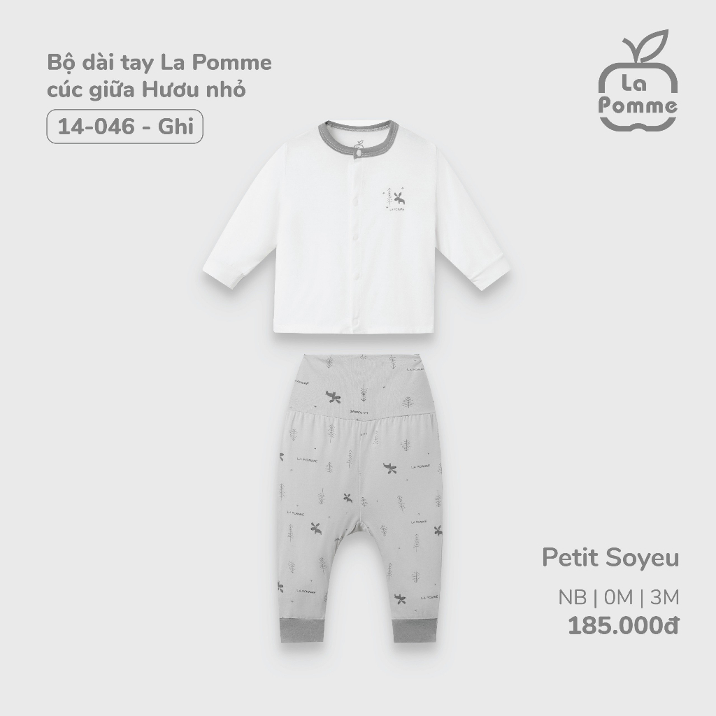 Lapomme - Bộ dài tay La Pomme cúc giữa Hươu nhỏ - Newborn 0M 3M Nâu Ghi