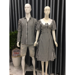 SET ĐỒ ĐÔI NAM NỮ ĐẸP COUPLE TINA SET ĐỒ CẶP NAM NỮ  CARO ĐEN TRẮNG PHỐI LÁ CỔ TRẮNG CỰC SANG CHO CÁC CẶP ĐÔI