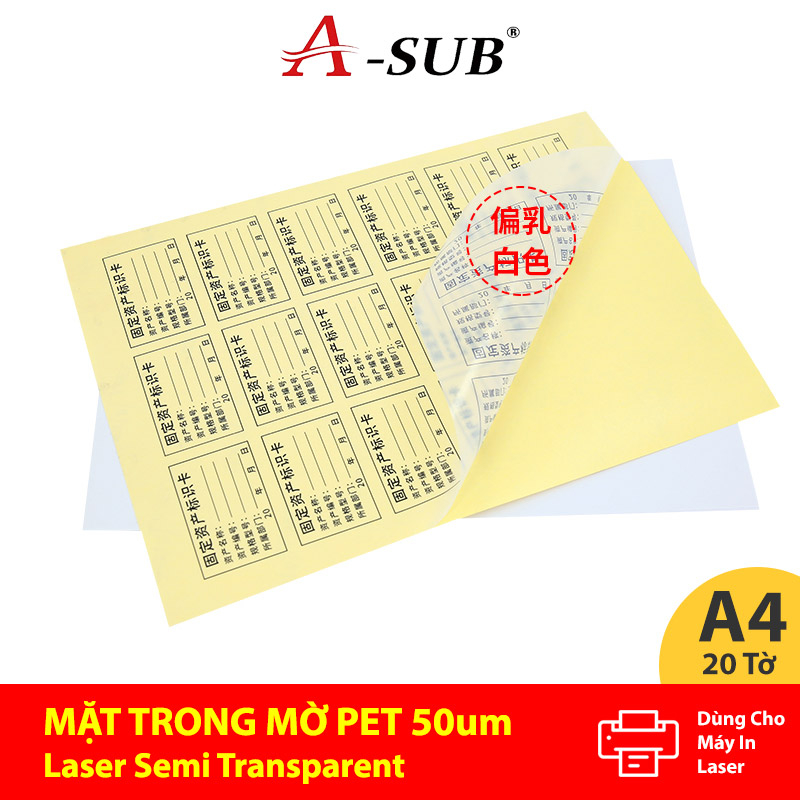 Giấy In Nhãn Dán Nhựa A-Sub, PET Trong Mờ  A4 50μm 20 Tờ, Vinyl Laser Transparent PET Self-adhesive Label
