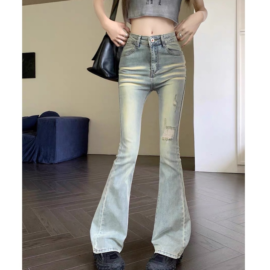 Quần Jeans Nữ Ống Loe Chất Co Giãn, Quần Bò Nữ Ống Loe Rách Đùi Chất Liệu Denim Cao Cấp QC37 | BigBuy360 - bigbuy360.vn