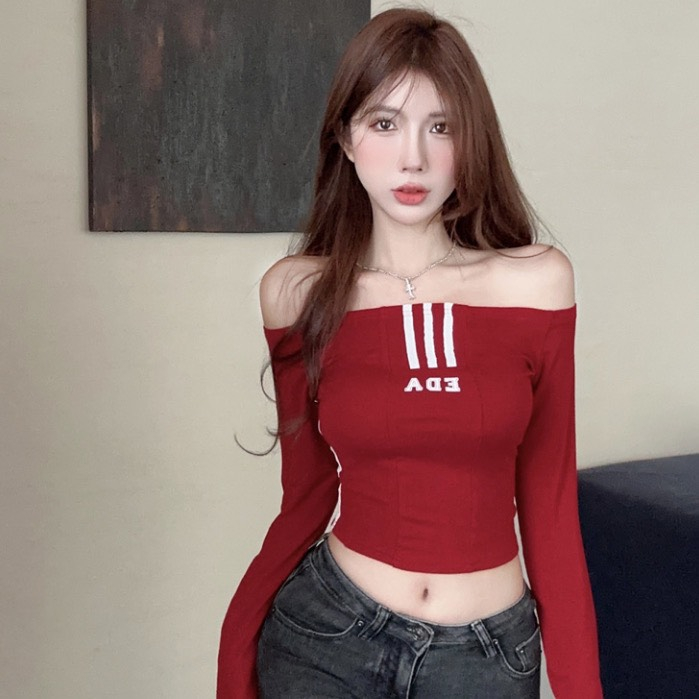 Áo Thun Croptop Trễ Vai Tay dài thêu sọc, Áo Thun Nữ Dài Tay Lệch Vai Thời Trang  1y