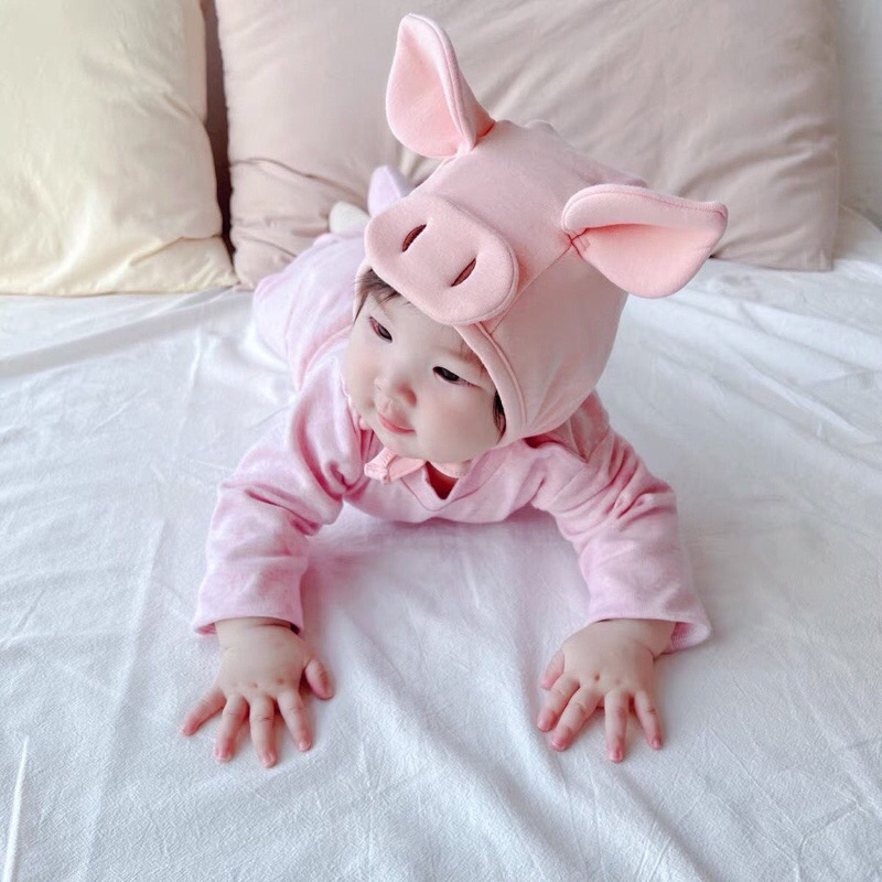 Mũ cotton buộc dây hình heo hồng dễ thương cho bé