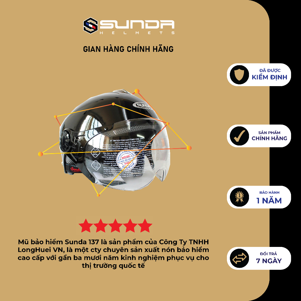 Mũ bảo hiểm nửa đầu có kính Sunda 137 mẫu mới - phù hợp cho người có size đầu trung bình hoặc hơi nhỏ