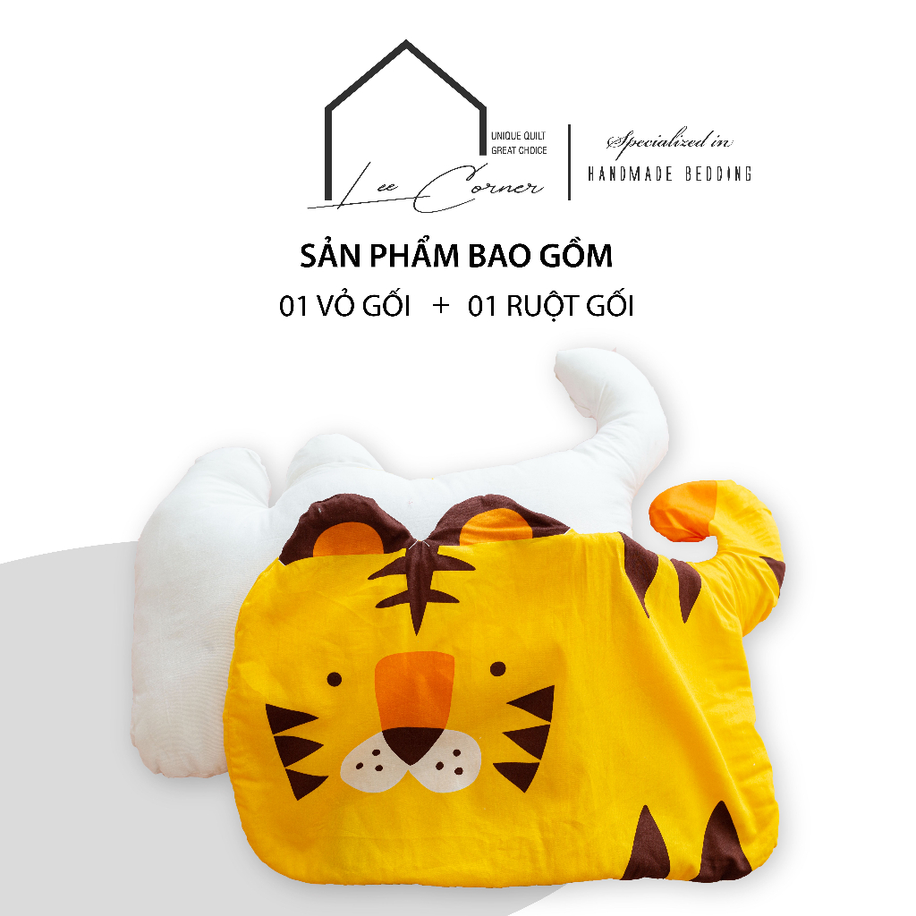 Gối em bé hình thú  LEE CORNER, vải Thô lụa Hàn 100% cotton, ruột bông microfiber lông vũ nhân tạo