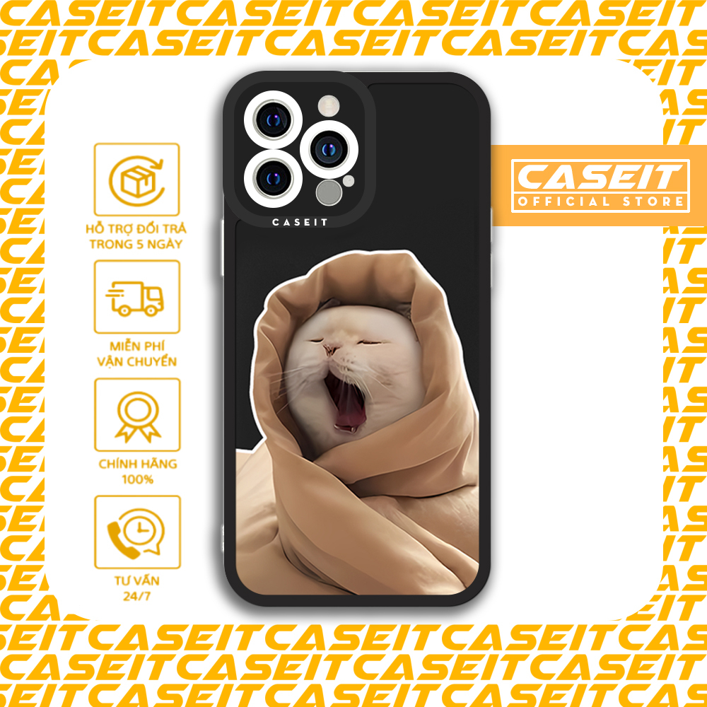 Ốp lưng iphone cạnh vuông Caseit mèo ngáp quấn chăn cute hài hước meme x/11/12/13/14/pro/max/plus/promax