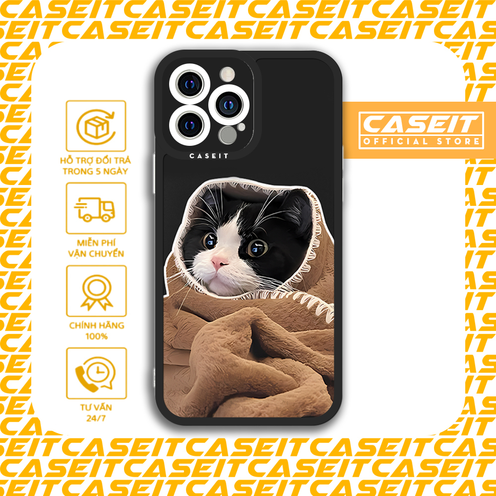 Ốp lưng iphone cạnh vuông Caseit mèo ngáp quấn chăn cute hài hước meme x/11/12/13/14/pro/max/plus/promax