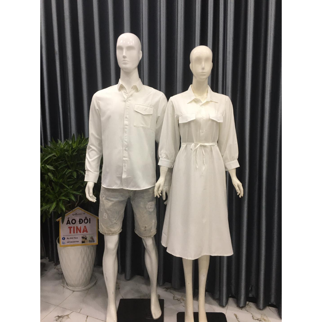 Set Đồ đôi Nam Nữ Màu Trắng Vải Đẹp ÁO ĐÔI Dài Tay Cổ Sơ Mi Có Túi Đi Chơi Chụp Ảnh Cưới