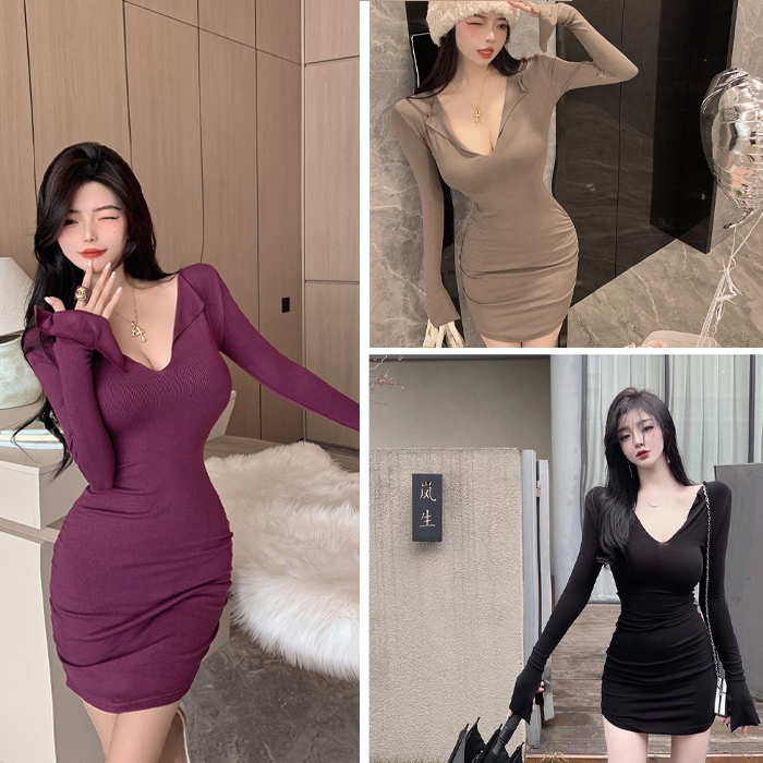 Đầm nữ dáng dáng ôm body tay dài cổ bẻ phong cách hàn quốc NUUGOO15