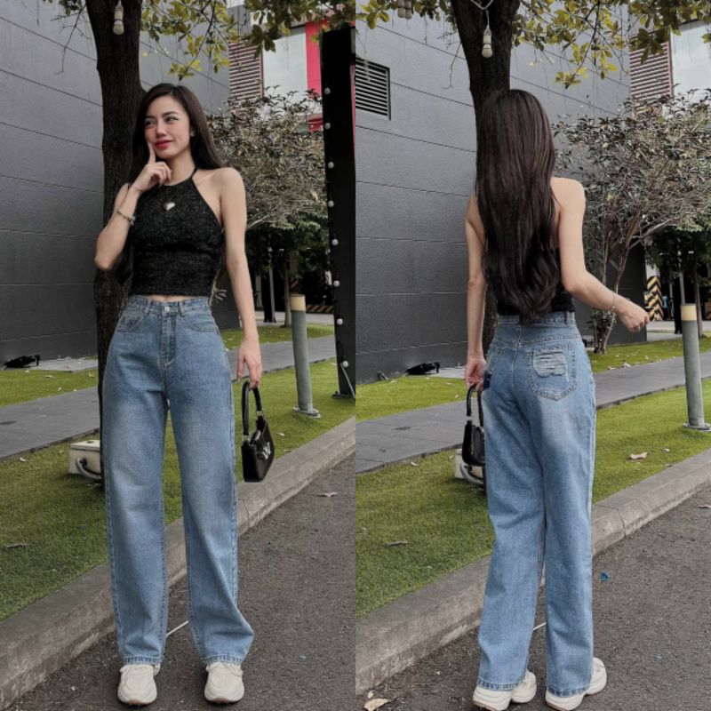 Quần jeans nữ túi sau rách ống rộng suông màu trơn Ms 380-381
