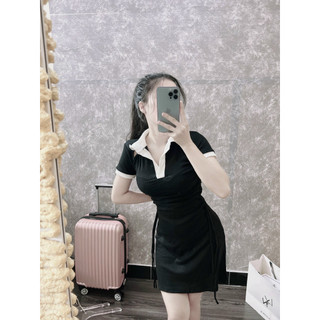 Đầm gân cổ bẻ dáng ngắn rút eo 2 bên siêu xinh