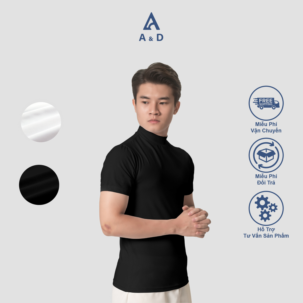 Áo Thể Thao Nam A&D Đen Trắng Thun Lạnh Cao Cổ Cao Cấp Cộc Tay Co Giãn Form Ôm Body Gym Work Out Chạy Bộ And Đá Bóng 15
