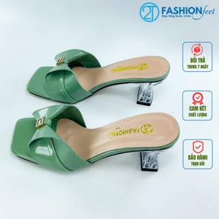 Dép, guốc cao gót chính hãng 2tfashion feet,mũi vuông, gót meka 7 phân, quai tạo dáng hình nơ đính đá - hmd0003