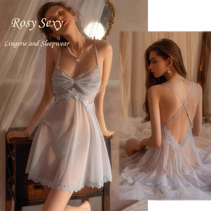 Váy ngủ 2 dây sexy ren mỏng xuyên thấu tạo kiểu nơ ngực LG401