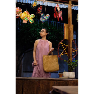 xanhlinen - đầm cổ yếm nhún tùng tím