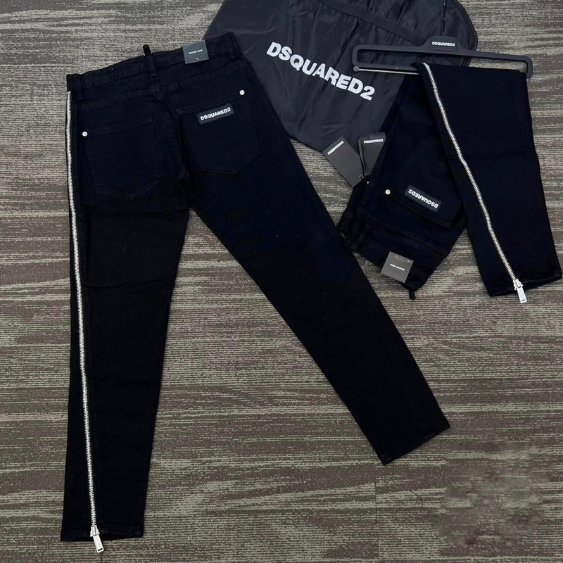 Quần jean bò nam Dsq2 slimfit đen trơn thêu khoá zip chéo dọc quần 1 bên đơn giản boy phố