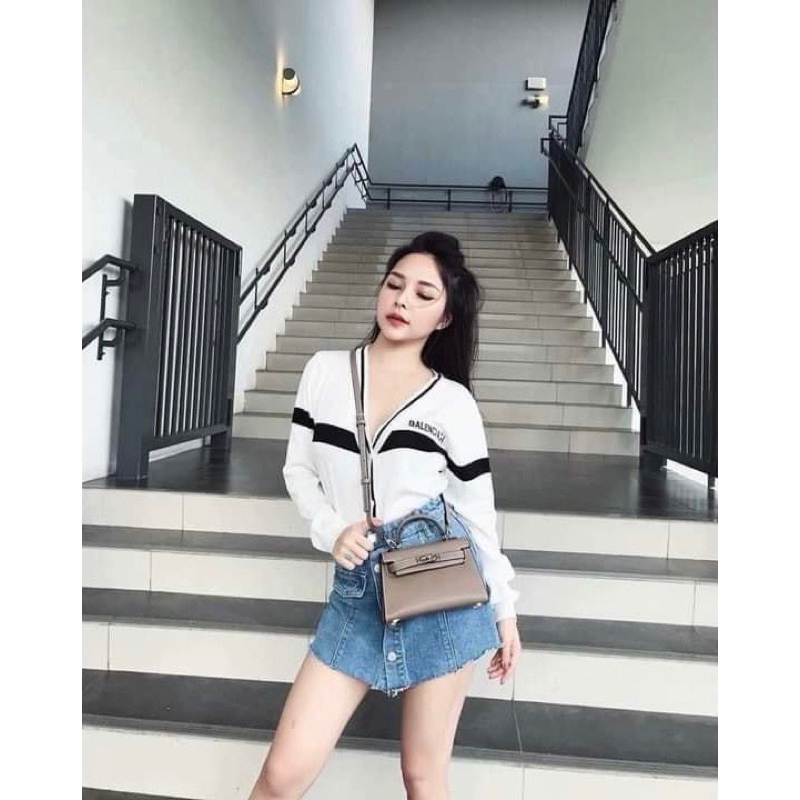 Túi quai xách H dáng ken ly da gạo trơn dáng thấp size19