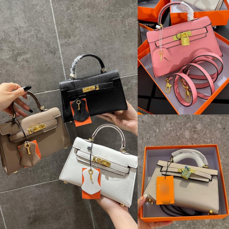 Túi quai xách H dáng ken ly da gạo trơn dáng thấp size19