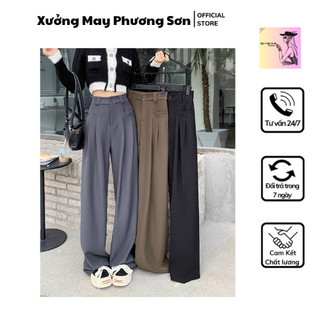 Quần suông ống rộng cạp cao khuy trước kèm túi, Quần vải lưng cao 4 màu QC