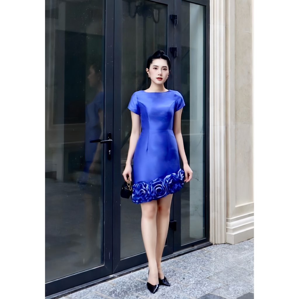 Đầm xanh hoa 3D thiết kế cao