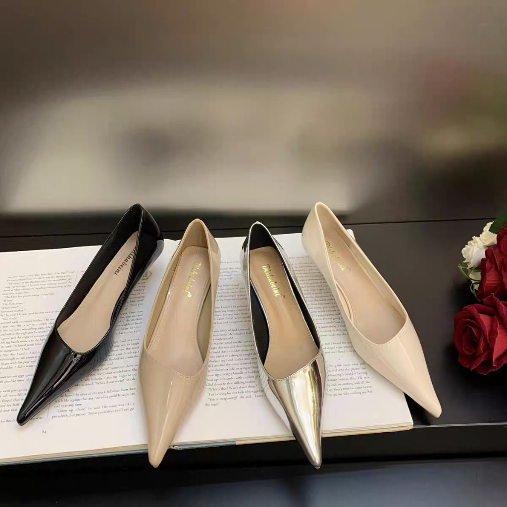Giày cao gót da bóng siêu xinh phong cách Hàn Quốc-4cm-Nâu-Đen-Bạc-Trắng be-THAO CLOVER
