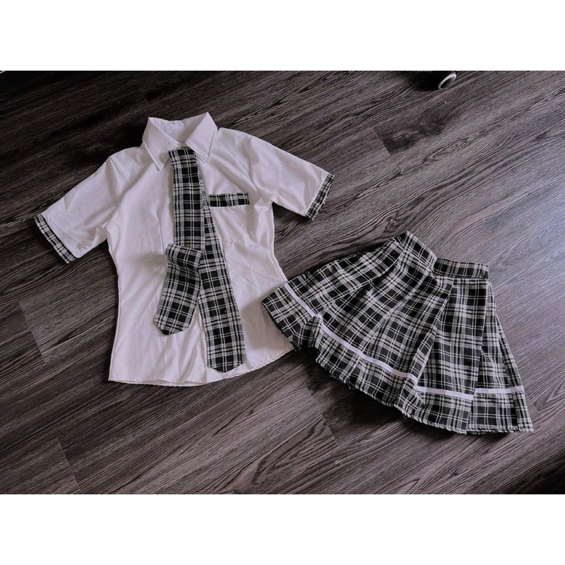 Set 3 Món Áo Sơmi Mix Chân Váy Caro Kèm Cavat Chuẩn Xịn PiggHouse S32