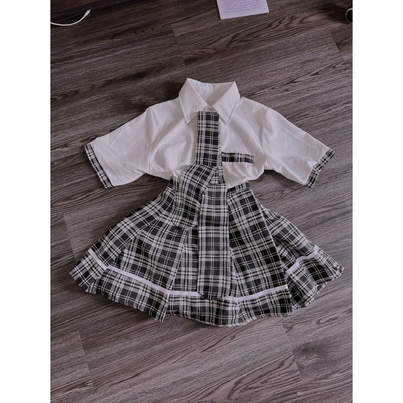 Set 3 Món Áo Sơmi Mix Chân Váy Caro Kèm Cavat Chuẩn Xịn PiggHouse S32