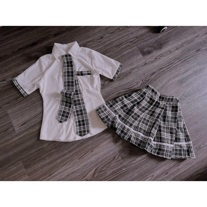 Set 3 Món Áo Sơmi Mix Chân Váy Caro Kèm Cavat Chuẩn Xịn PiggHouse S32