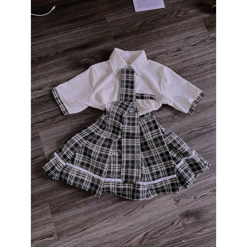 Set 3 Món Áo Sơmi Mix Chân Váy Caro Kèm Cavat Chuẩn Xịn PiggHouse S32