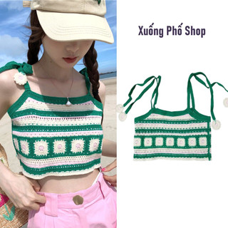 (sẵn) Áo 2 dây đi biển, Áo Crochet, áo len móc đi biển, đi chơi xanh lá #CRX1