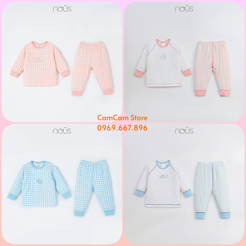 Bộ quần áo Nous dài tay màu sắc xanh, hồng cho bé trai bé gái chất liệu Nu petit kháng khuẩn từ 9-12 tháng đến 2-3 tuổi