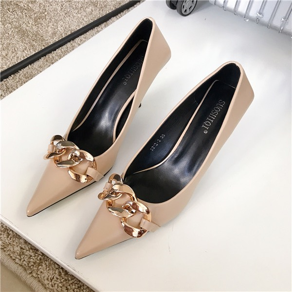 Giày cao gót hậu vuông dây xích sang chảnh - da lì - 8cm- 4 màu - đen- trắng- hồng - be - THAO CLOVER