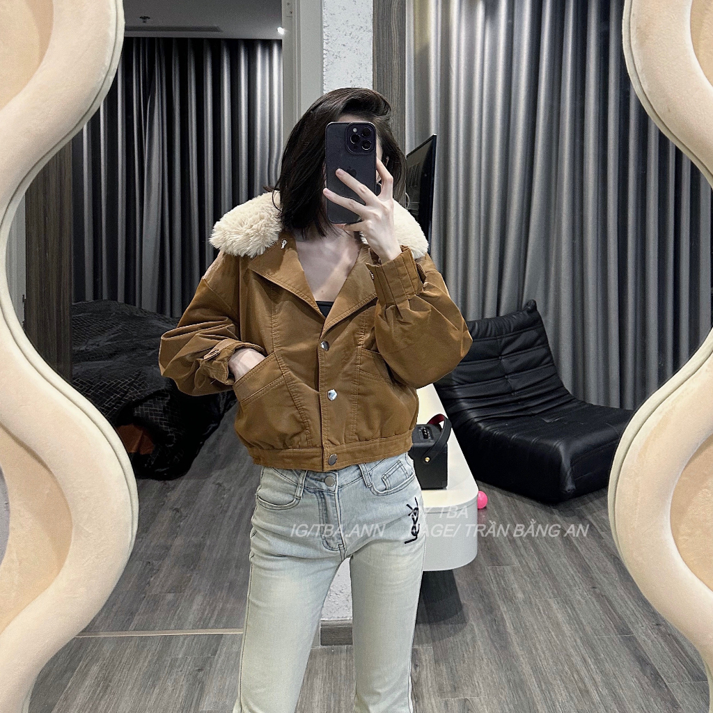 Áo da nữ OGRINAL cúc bấm cổ lót lông phong cách cá tính trẻ trung - nâu 105 | BigBuy360 - bigbuy360.vn