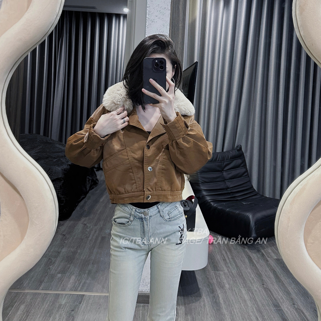 Áo da nữ OGRINAL cúc bấm cổ lót lông phong cách cá tính trẻ trung - nâu 105 | BigBuy360 - bigbuy360.vn