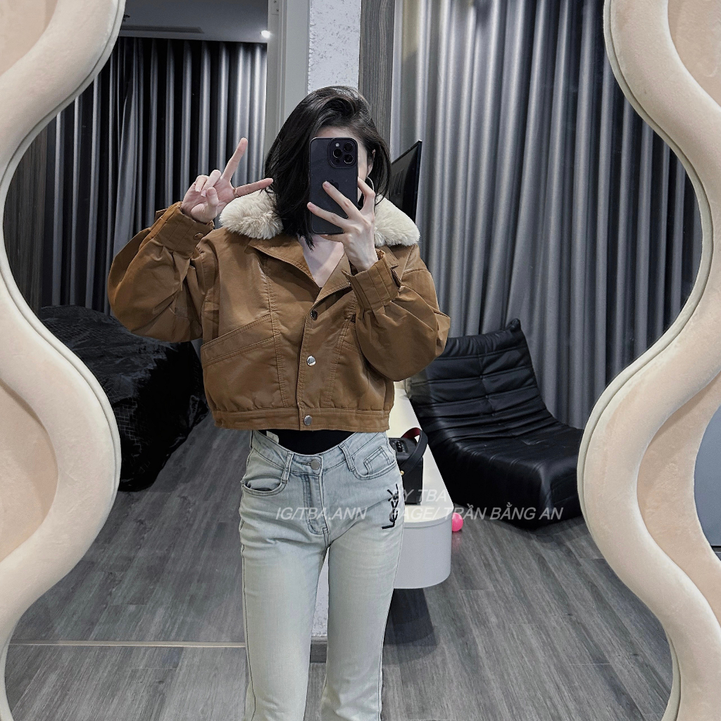 Áo da nữ OGRINAL cúc bấm cổ lót lông phong cách cá tính trẻ trung - nâu 105 | BigBuy360 - bigbuy360.vn