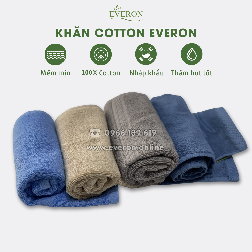 Khăn mặt Everon 100% Cotton 30*50, 40*80 mềm mịn, thấm hút tốt, thân thiện cho da