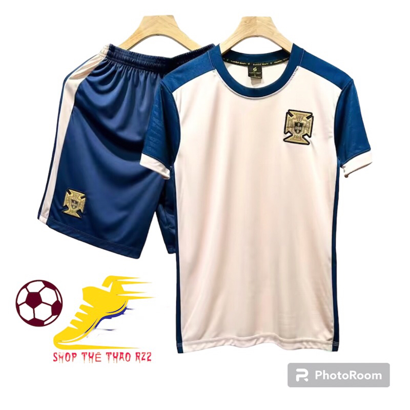 Quần áo đá bóng nam nữ tuyển Bồ Đào Nha màu kem thun lạnh co giản thoáng khí thấm hút mồ hôi không nhăn xù lông.