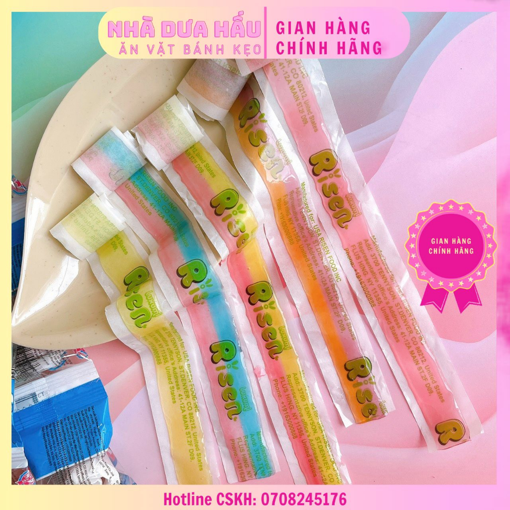 Combo 5 gói kẹo dẻo cuộn vị trái cây dâu/đào xoài/cam nho/dứa/dâu việt quất Risen Mỹ viên 10gam