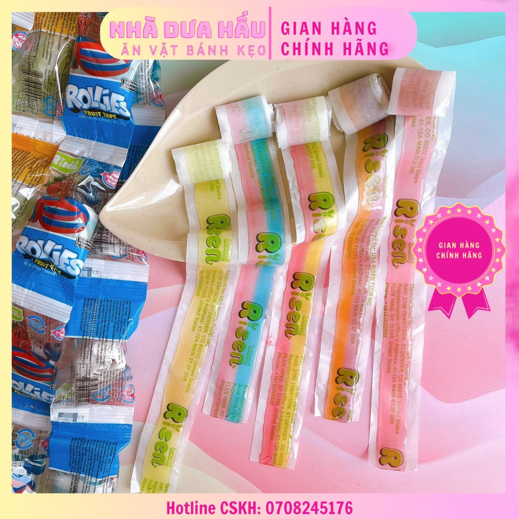 Combo 5 gói kẹo dẻo cuộn vị trái cây dâu/đào xoài/cam nho/dứa/dâu việt quất Risen Mỹ viên 10gam