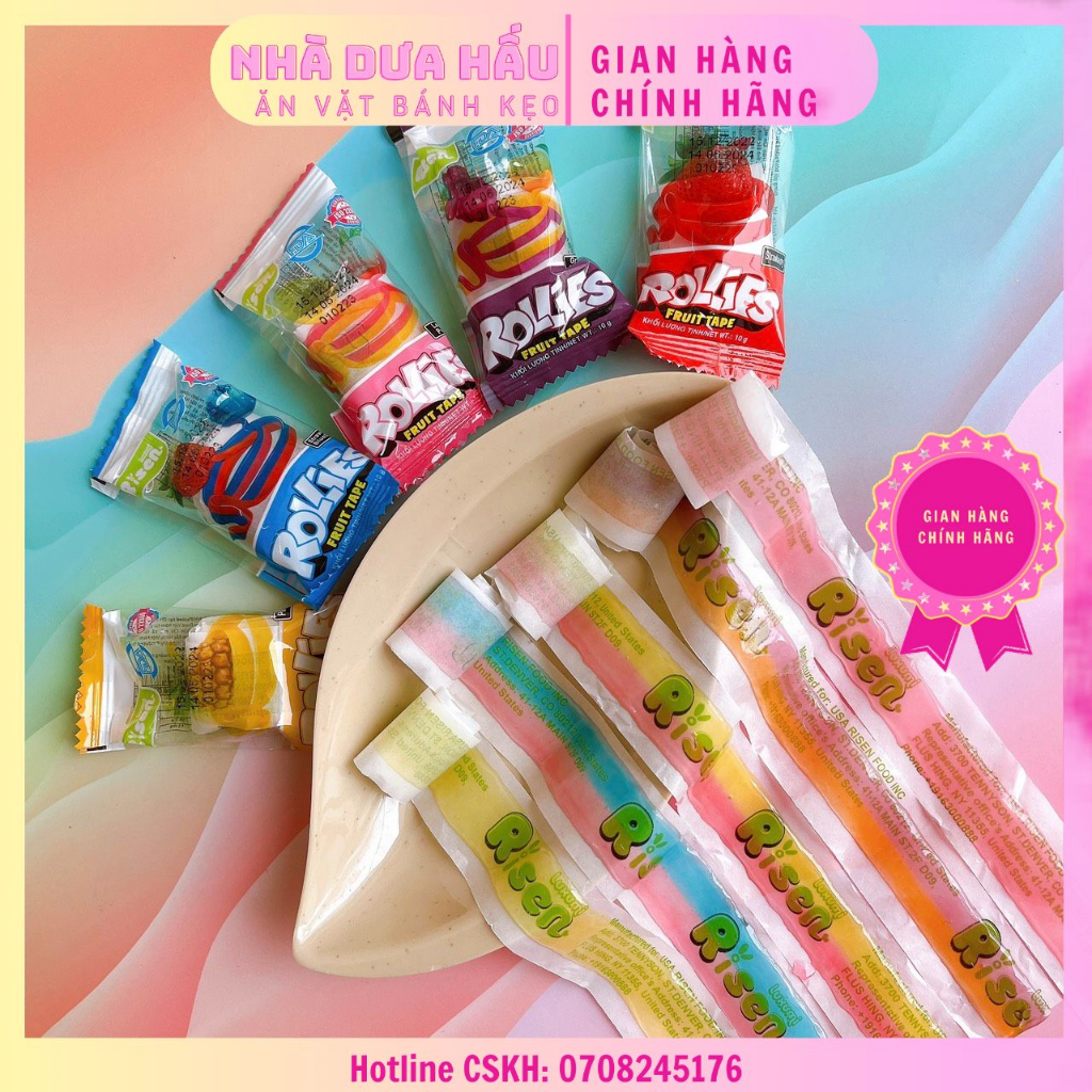 Combo 5 gói kẹo dẻo cuộn vị trái cây dâu/đào xoài/cam nho/dứa/dâu việt quất Risen Mỹ viên 10gam