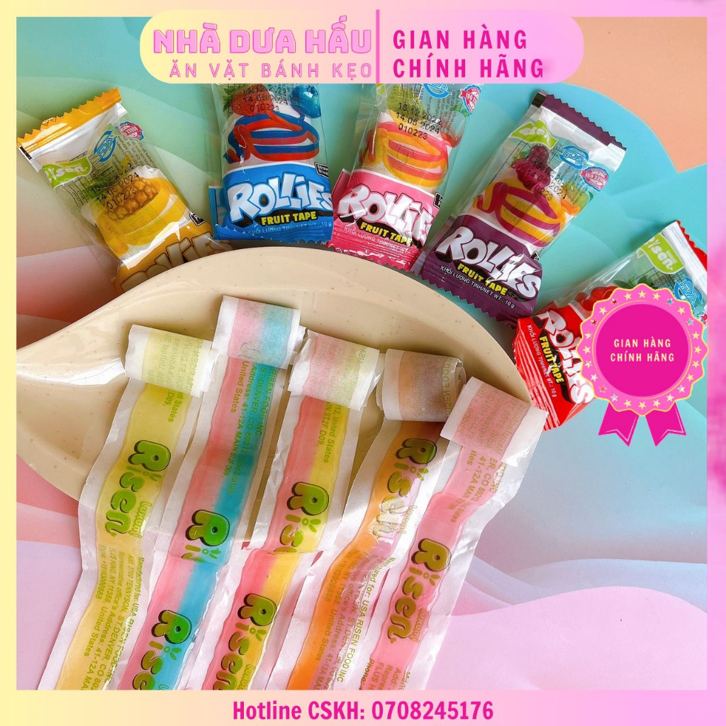 Combo 5 gói kẹo dẻo cuộn vị trái cây dâu/đào xoài/cam nho/dứa/dâu việt quất Risen Mỹ viên 10gam