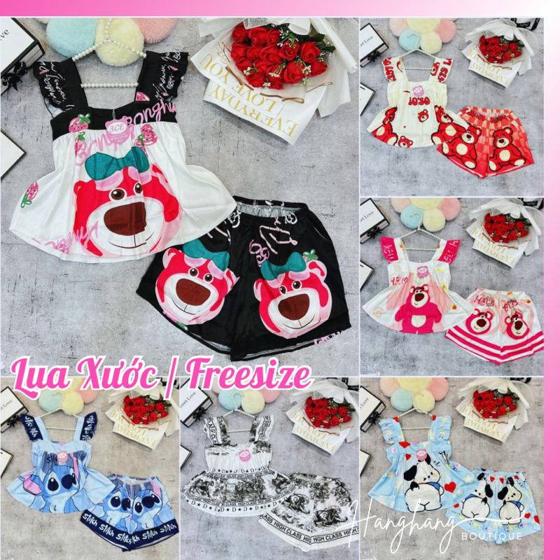 Bộ đồ ngủ 2 dây cánh tiên dễ thương mặc nhà, đồ bộ lụa xước, pijama đùi 2 dây lụa, đồ ngủ gấu dâu cute giá rẻ
