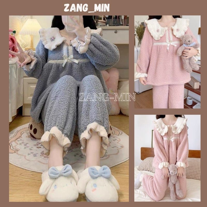 Set đồ lông nữ cổ bèo hoa - Bộ quần áo dài pyjama ấm áp mùa đông thời trang điệu đà cute - ZANG_MIN 