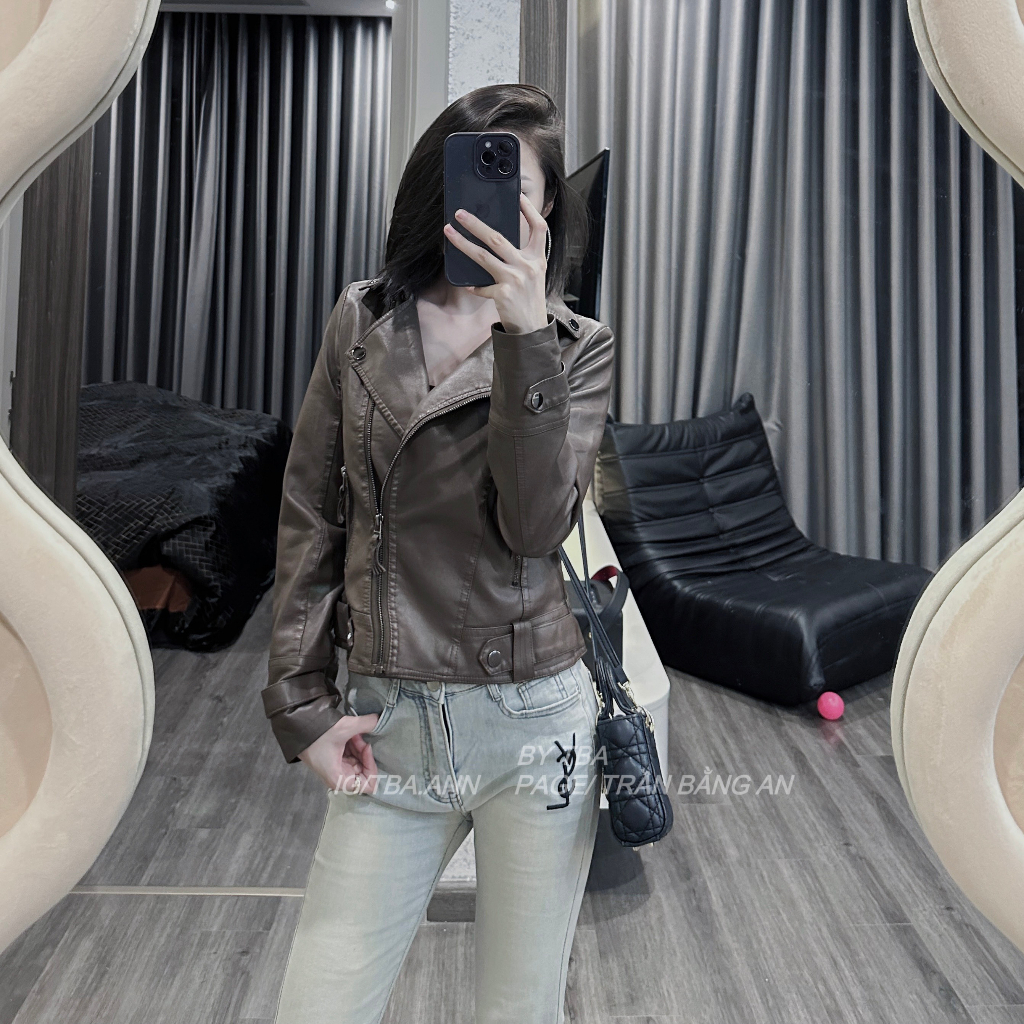 Áo da nữ OGRINAL khóa kéo cổ vuông phong cách hàn quốc cá tính - nâu đậm 7801 | BigBuy360 - bigbuy360.vn