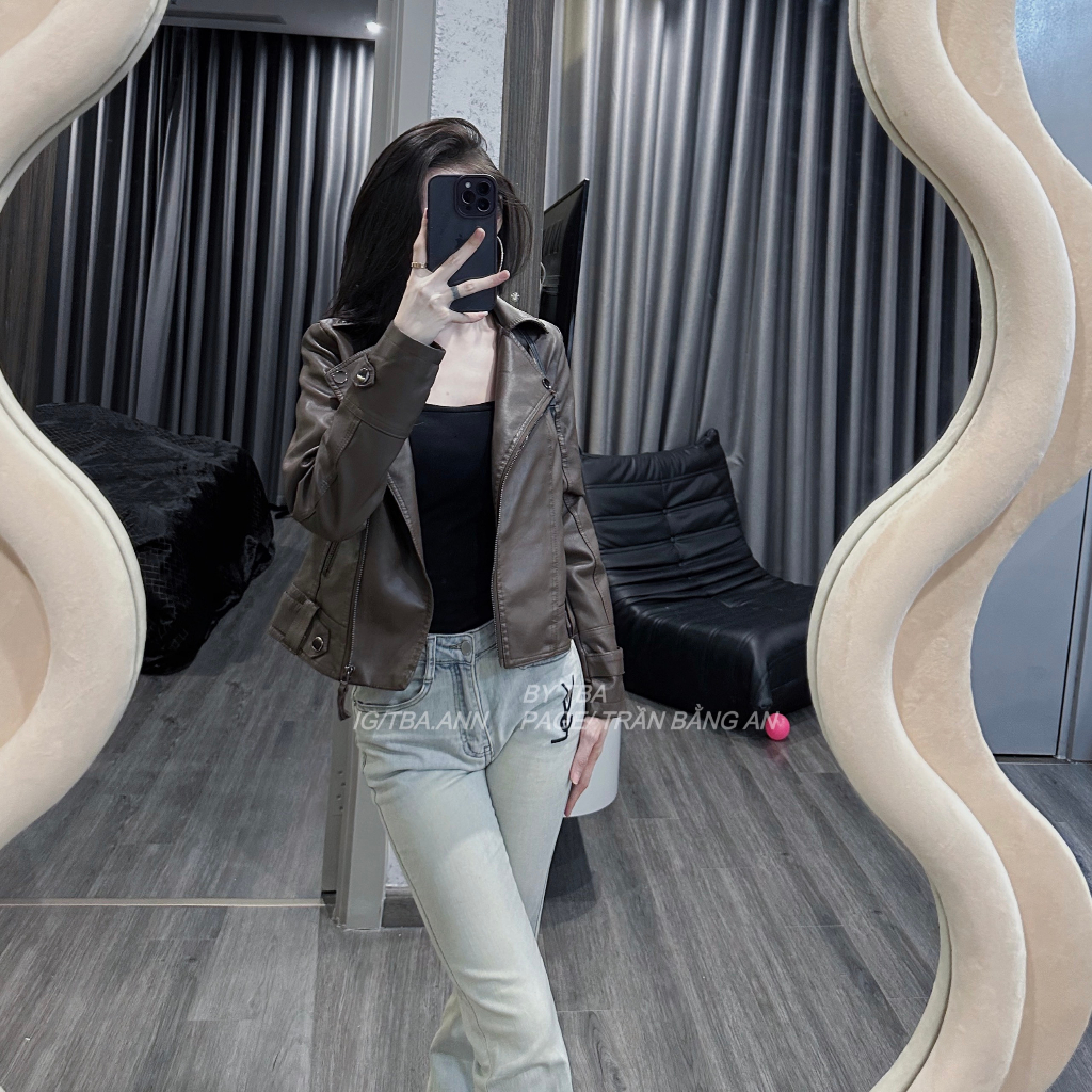 Áo da nữ OGRINAL khóa kéo cổ vuông phong cách hàn quốc cá tính - nâu đậm 7801 | BigBuy360 - bigbuy360.vn