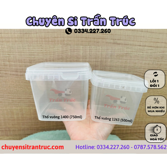 Combo 10 thố vuông 1400, hộp nhựa vuông 1400 (750ml) đựng thực phẩm, đông trùng hạ thảo, thực phẩm khô