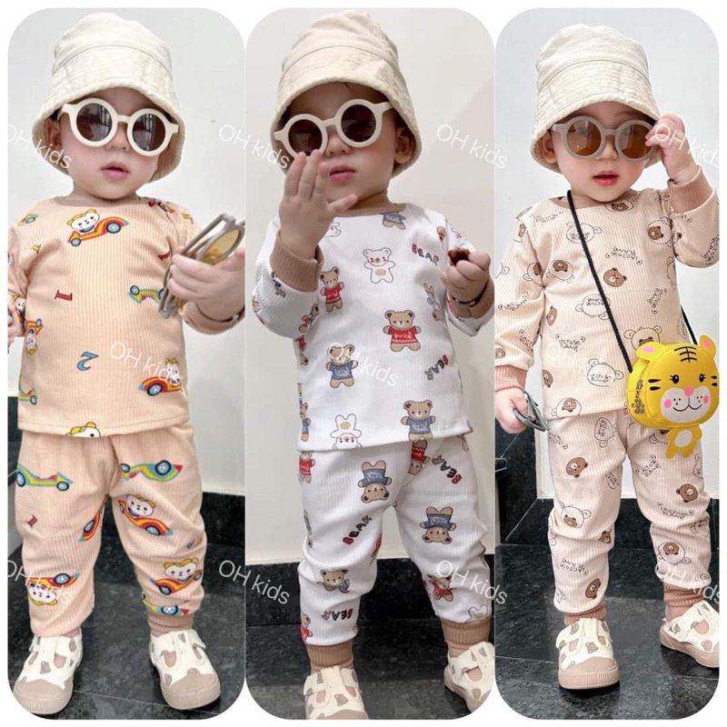 Bộ dài tay thu đông in gấu chất thun tăm cao cấp mềm ấm co giãn cho bé trai bé gái