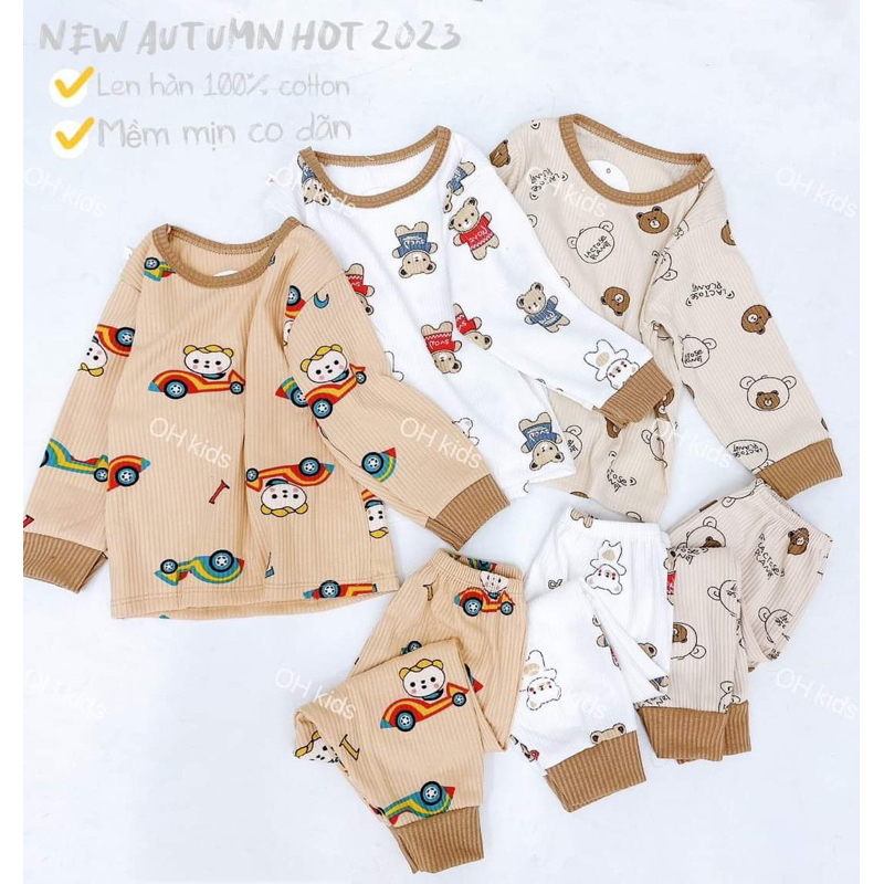 Bộ dài tay thu đông in gấu chất thun tăm cao cấp mềm ấm co giãn cho bé trai bé gái