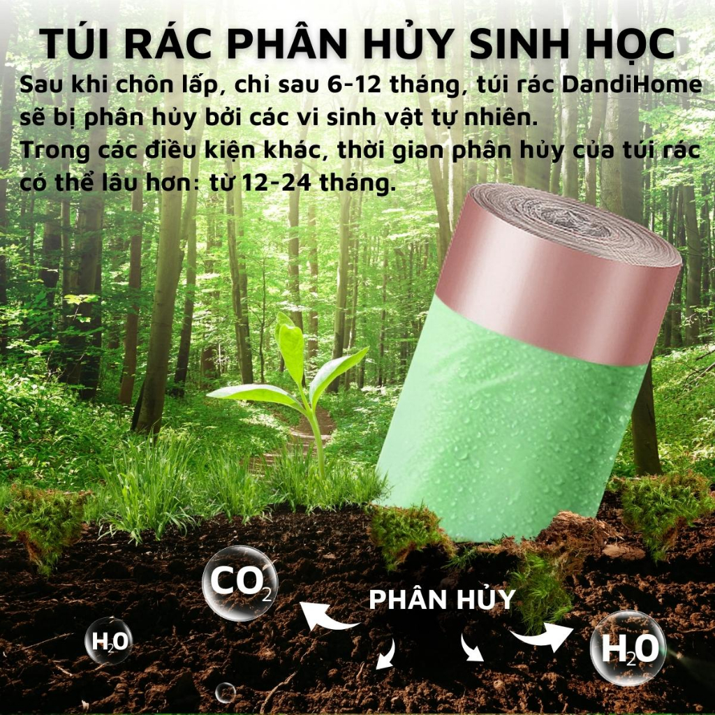 Túi đựng rác tự phân hủy sinh học DandiHome không gây hại cho môi trường có dây rút (20 túi/cuộn)